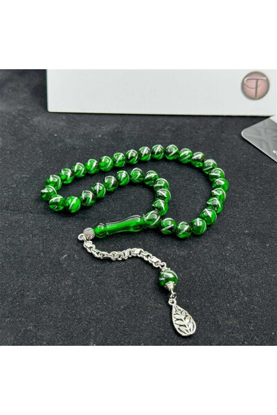 TAŞHAN Gümüş Yarma İşlemeli El İşçiliği Yeşil Ateş Kehribarı Tesbih