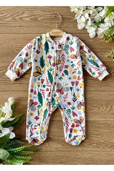 Renkli Puset Baby Girl Sleeping Bag with Velvet Zippered Winter Booties Flower Butterfly