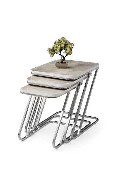 Evistro Parlak Ahşap Mermer Desenli 3 lü Zigon Sehpa Metal Krom Ayaklı Pars