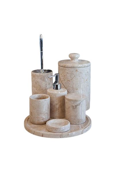 ege gross Decorative Beige Marble Silver Detailed 7 Piece Bathroom Set Set