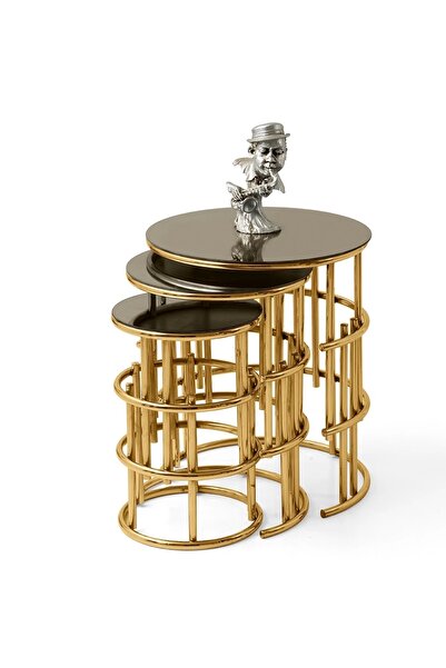 Evistro Yuvarlak Cam Zigon Sehpa 3 lü AFR Gold Kaplama Bronz Cam