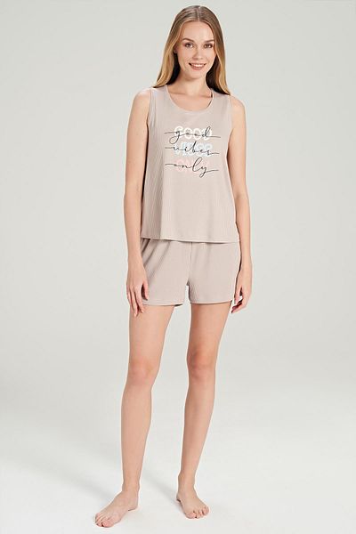 Feyza Women's Corduroy Beige Shorts Set - Zero Sleeve C2T7N0O5