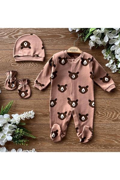 Renkli Puset Cotton 3 Piece Baby Rompers with Hat and Gloves
