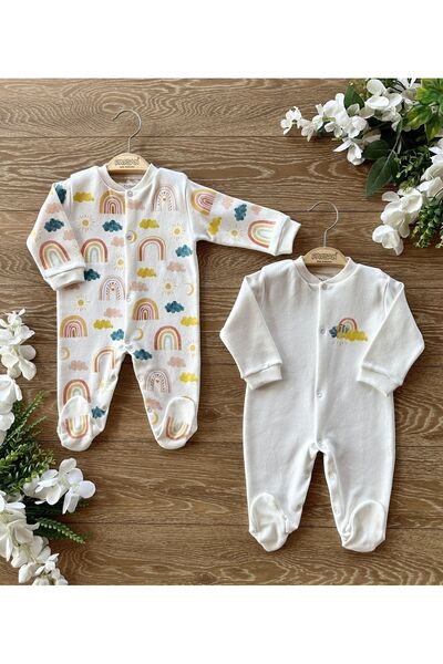 PATSAN Organik Pamuklu Penye 2'li Patikli Kız Bebek Tulum Gökkuşağı Güneş