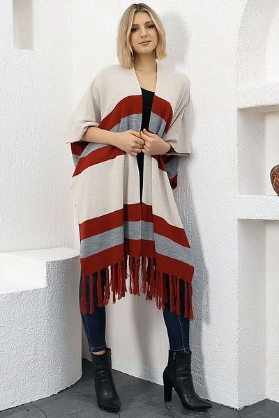 ALCHON V-Neck Short Sleeve Skirt with Tassels Color Block Midi Length Knitwear Shawl Look Poncho