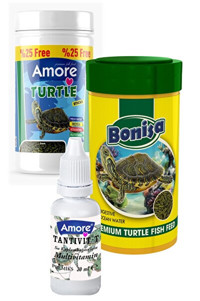 AMORE Turtle Green Sticks 125 250 ml Bonisa Su Kaplumbağası Yemi Ve Vitamini 3lü Set