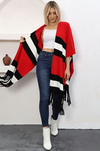 ALCHON V-Neck Short Sleeve Skirt with Tassels Color Block Midi Length Knitwear Shawl Look Poncho