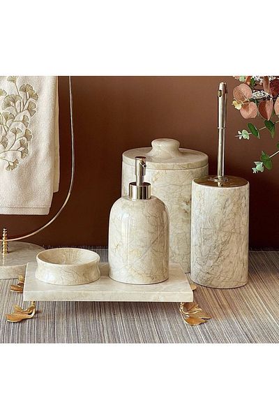 ege gross DECORATIVE BEIGE MARBLE GINKO ACCESSORY DETAILED 5-PIECE BATHROOM SET SET