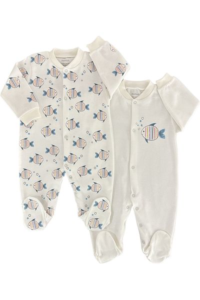 Renkli Puset Set of 2 Organic Cotton Knitted Baby Rompers with Booties Fish
