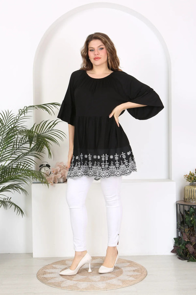 ViolettaXL Large Size Madonna Collar Viscose Tunic - FlexiBle Scallop Detail