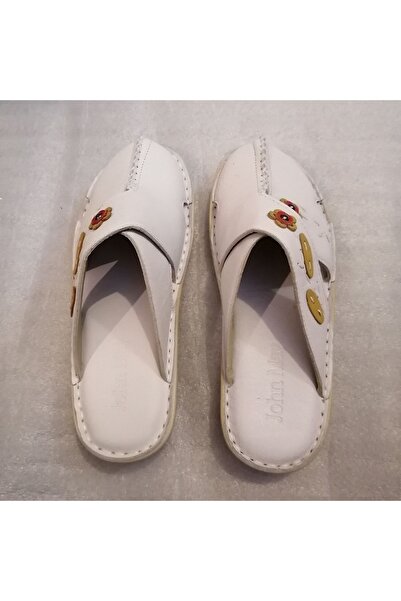 John May Kadın Hakiki Deri Beyaz El Işi Çiçek Yaprak Aplikeli Çok Yumuşak Çok Rahat Sabo Terlik
