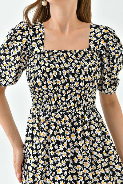 bayansepeti Rochie midi cu mânecă scurtă din țesătură de bumbac cu model margarete 039