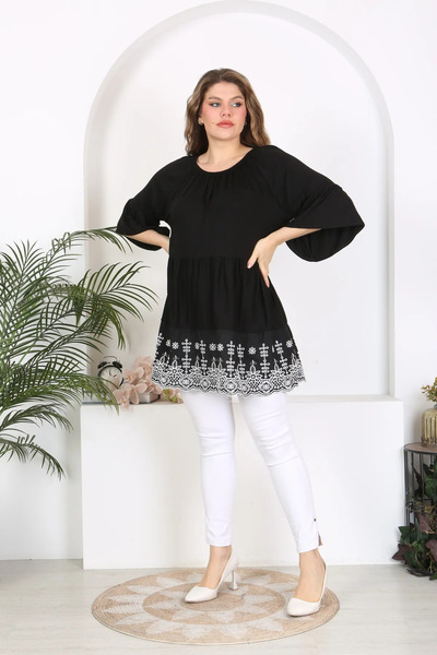 ViolettaXL Large Size Madonna Collar Viscose Tunic - FlexiBle Scallop Detail