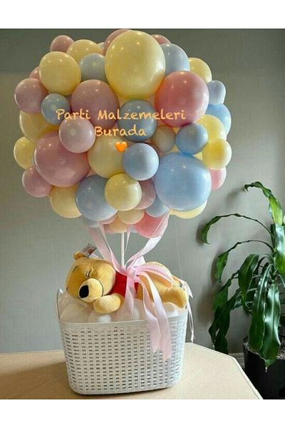 Partimalzemeleriburada 45Pcs Blue Pink Yellow Color Macarons Balloon - Teddy Bear and Basket Not Available