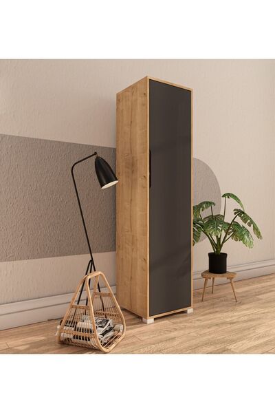 VM VERTEX MOBİLYA Flora 1 Kapaklı 5 Raflı Gardırop Safir Meşe - Antrasit Elbise Dolabı