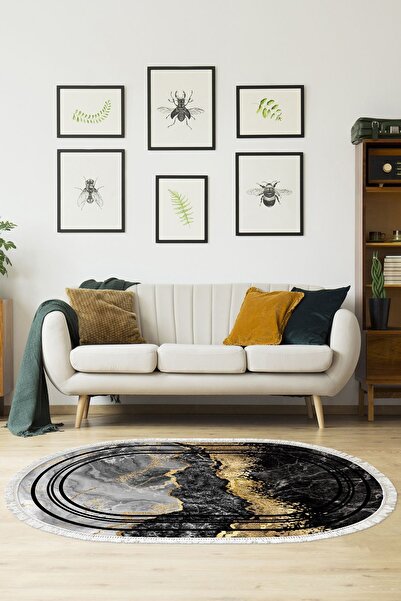 EXCLUSIVE Dijital Baskı Yıkanabilir Kaymaz Taban Püsküllü Oval Salon Mutfak H...