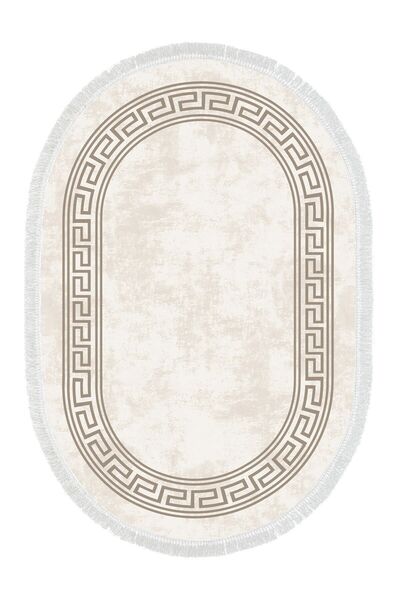 EXCLUSIVE Krem Dijital Baskı Yıkanabilir Kaymaz Taban Püsküllü Oval Salon Mutfak Halısı Yolluk 160x230