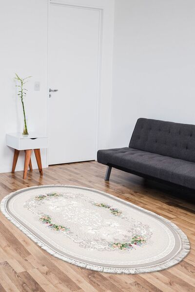 EXCLUSIVE Krem Dijital Baskı Yıkanabilir Kaymaz Taban Püsküllü Oval Salon Mutfak Halısı Yolluk