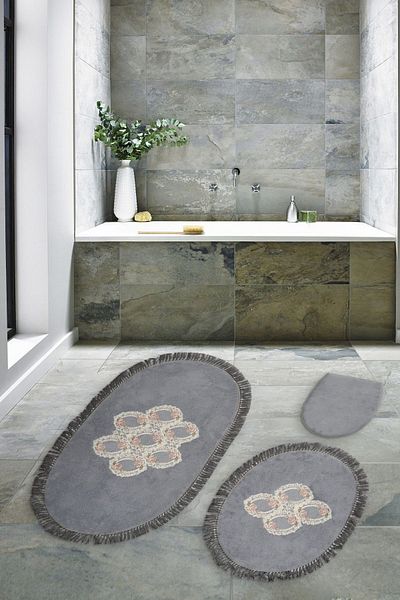 Dekoreko Welsoft Lace 3-Piece Toilet Set - Sammi Karakolu 65 X 115 55 X 65 Gray Bath Mat Set