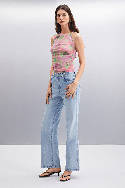 GRIMELANGE Jerı Women's Double Layer Tulle Mesh Fabric Twist Shoulder Floral Print Pink Blouse