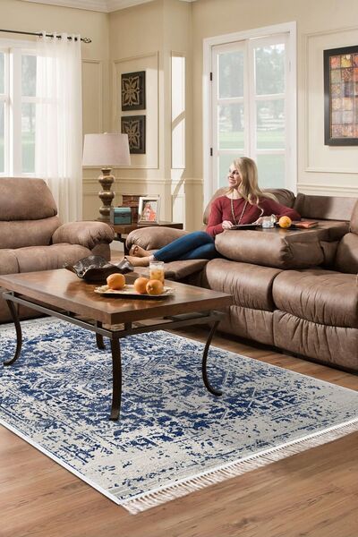 EXCLUSIVE Saray Dijital Salon Halısı Saçaklı Kaymaz Taban Terri Modern Mavi