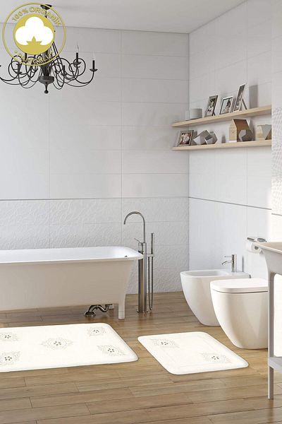 Dekoreko Cotton Embroidered 2-Piece Bathroom Set Mat Eunice Cream