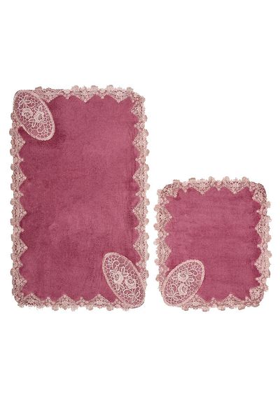 Dekoreko Welsoft Appliqued Cotton Lacy 3-Piece Toilet Seat Set Bathroom Mat Set Rona Fuchsia