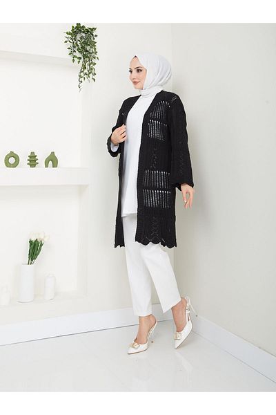 MODAMERSİ Black Openwork Cotton Knitwear - Hijab Long Women's Cardigan