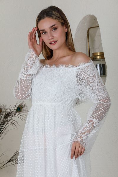 Azra Style Γυναικείο φόρεμα με δαντέλα σε λευκό γιακά Madonna