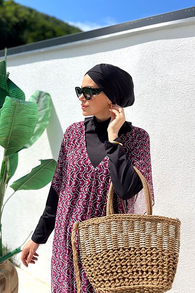 Remsa Mayo Fuchsia Patterned Hijab Pareo - 430-306 Model Single Kaftan