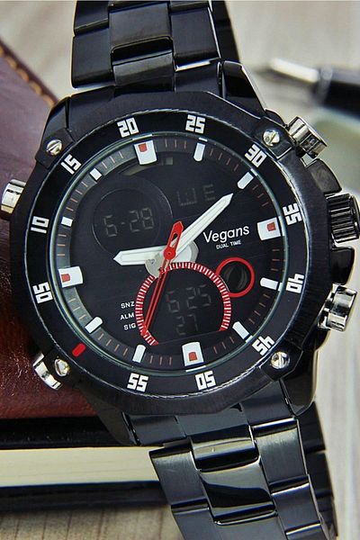 Vegans 1146 Double Clock Steel Band Men's Wrist Watch