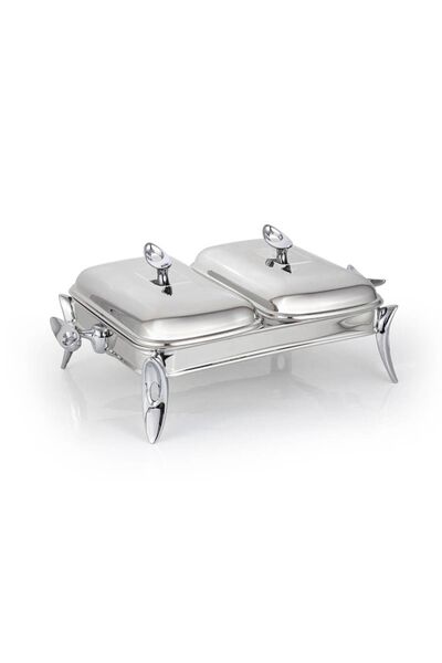 MATSteel Silver Mum Isıtıcılı Iki Bölmeli Dikdörtgen Servis Seti