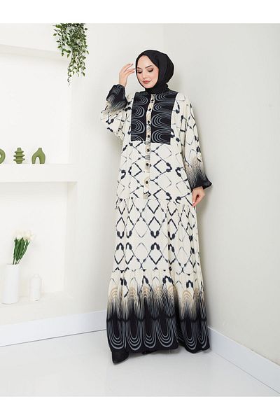 MODAMERSİ Viscose Fabric - Ecru Black Patterned Women's Dress