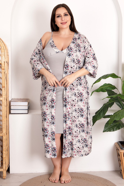 Jenny Daphne Set cămașă de noapte și halat de vascoză cu model floral - Lady ...