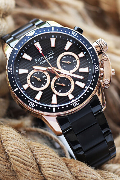 Ferrucci Function Erkek Kol Saati 3 Atm Su Geçirmez Rose/Siyah Renk Çelik Kordon + Bileklik