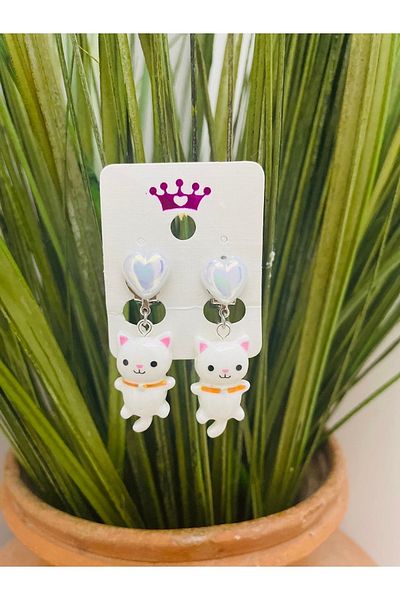 1PARÇAMAVİ Children's Earrings with Heart and White Cat Clip - Non-Perforated Earrings