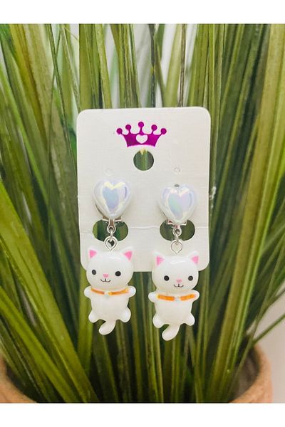 1PARÇAMAVİ Children's Earrings with Heart and White Cat Clip - Non-Perforated Earrings