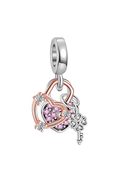 CERENY.CO Pembe Taşlı Kalp Anahtar Sallantılı Charm 925 Ayar Gümüş