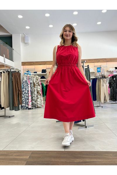 AYHAN Midi Summer Dress with Round Neck and Rubber Waist Detail - Sleeveless