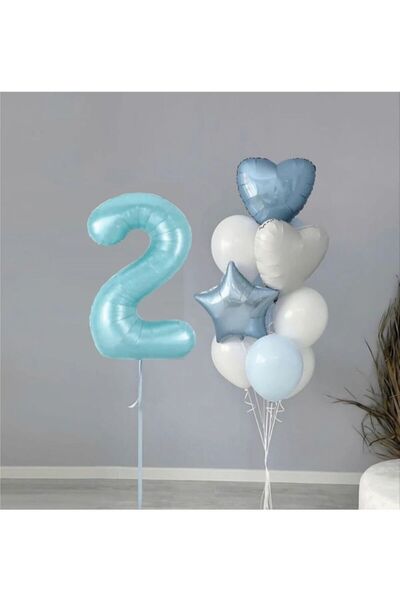 ATAKENT PARTİ 2 Yaş Mavi Retro Set Folyo Balon Doğum Günü Set Iki