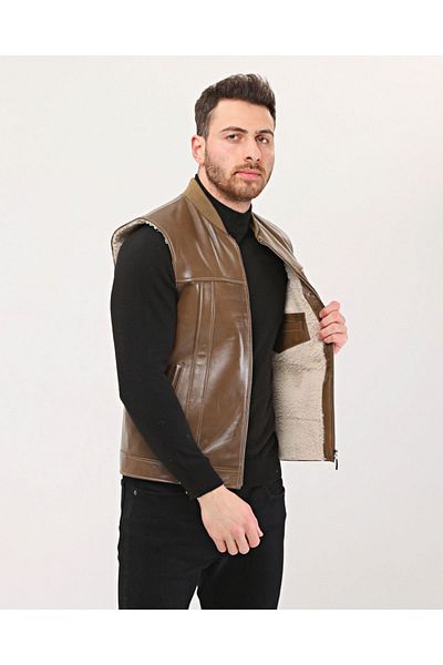 NYC GİYİM TEKSTİL Genuine Leather Crew Neck Fur Inside Vest Brown Color
