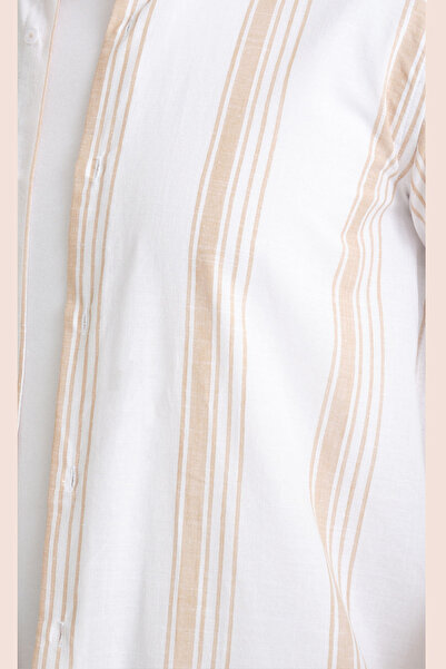 Varetta White Tan Striped Wide Cut Linen Shirt - Long Sleeve