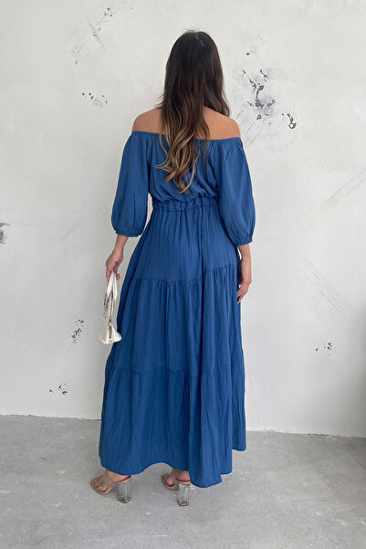 Ortaya Çık Madonna Collar Blue Linen Summer Dress