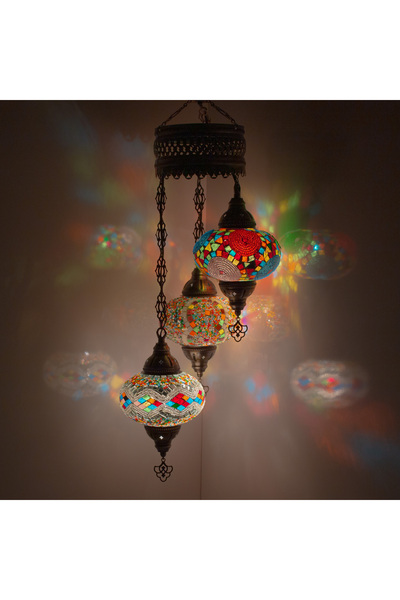 mosland home Mozaik Lamba Osmanlı Otantik Renkli Camlı El Yapımı Otantik Sarkıt 3' lü Avize Büyük Boy Cam