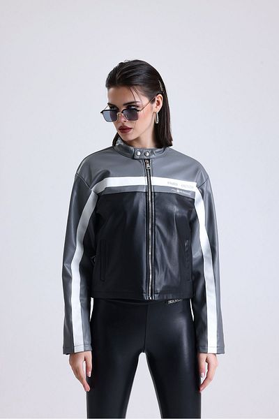 Black Level Jachetă de motociclist imprimată oversize pentru femei, cu fermoar, paltoane de colegiu, din piele, pentru curse, gri