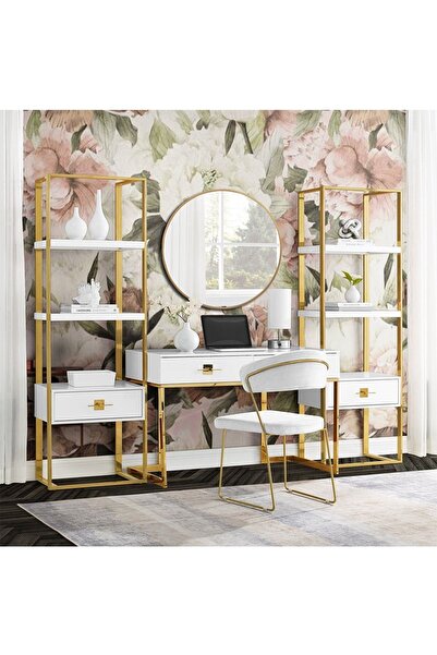 Hitit Dekorasyon Rihanna Gold Metal Beyaz Çalışma Masası Ve 2 Adet Kitaplık