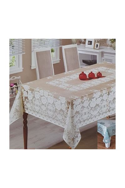 WENESSİ Față de masă din tul tricotat cu model trandafiri - 160x160 (ALBASTRU)