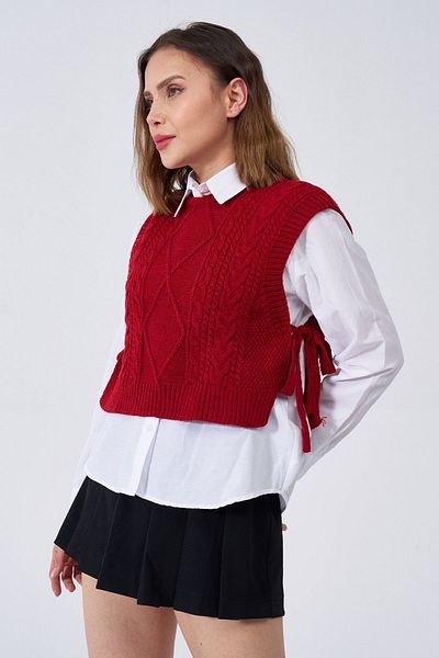 GİYSA Red Knitwear Crop Sweater - Side Tie, Patterned, Short Knit - 4014-355