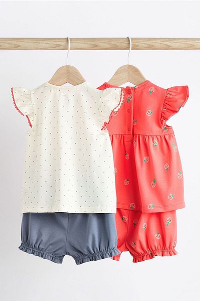 Next Baby White Red Strawberry Patterned 100% Cotton Short Sleeve Shorts Set - Set of 2