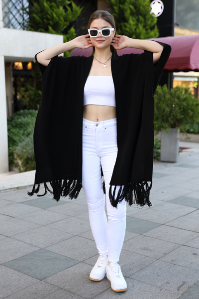 ALCHON Κοντομάνικη φούστα με λαιμόκοψη V με φούντα μονόχρωμη πλαϊνή ραφή πλεκτό σάλι πόντσο